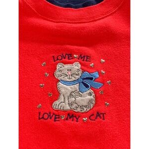 Cottagecore Cat Embroidered Sweatshirt Red Women's Size L Cropped Raw Hem